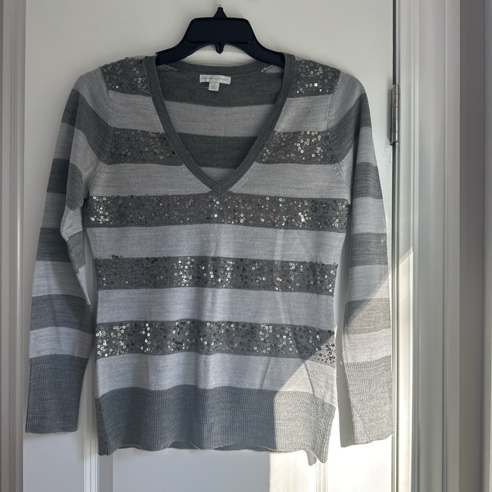 New York & Company Gray Sequin Striped Top
